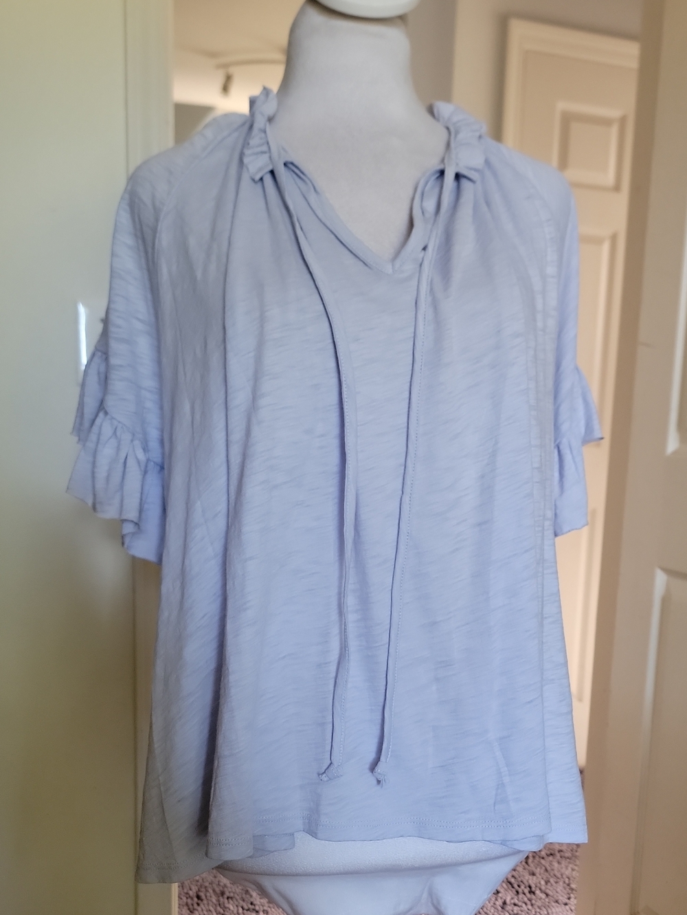 Goldie Lewinter Light Blue Tie-Neck Ruffle Sleeve Blouse